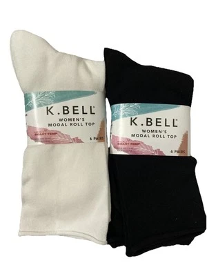 Meias femininas K BELL modal roll top tripulação, tamanho 5,5-10 sapato, 12 pares cores novas com etiquetas - Imagem 1 de 4