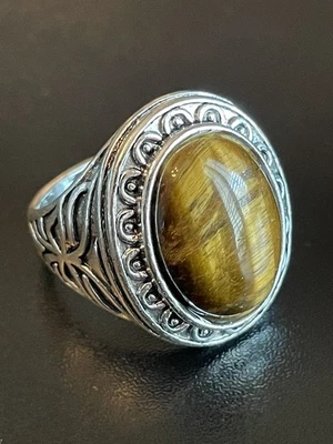 Genial anillo enchapado en plata S925 con piedra ojo de tigre para hombre talla 9 Foto 1 de 4