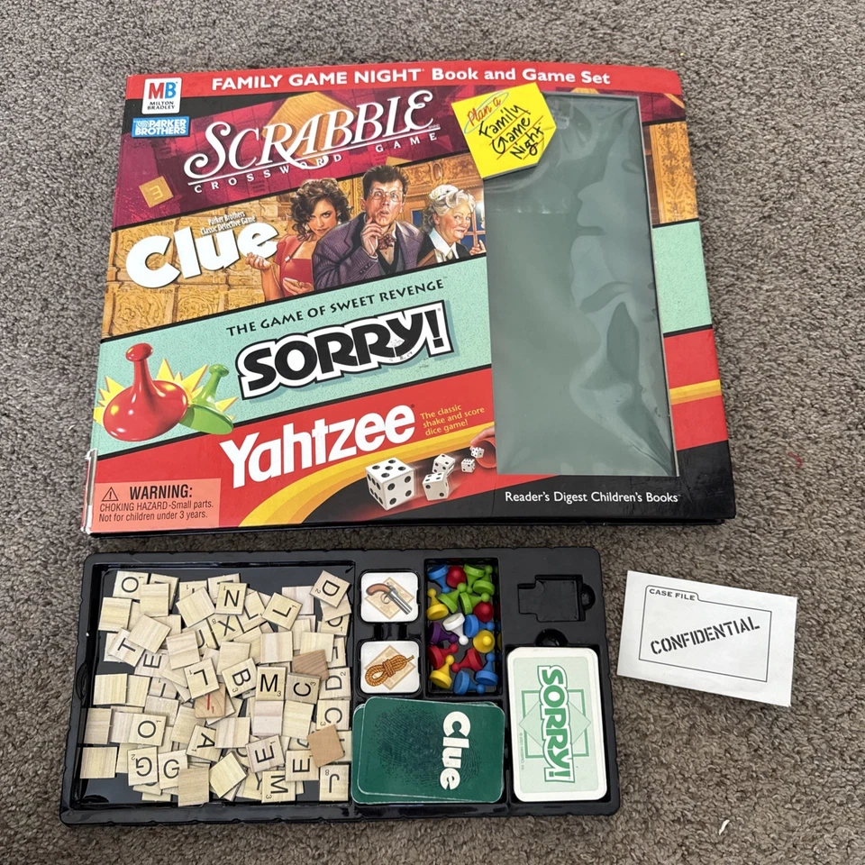 MB Family Game Night Book & Game Set Scrabble Clue Sorry Yahtzee 2001 - Image 1 of 4