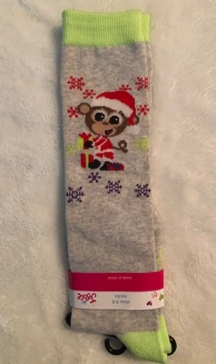 JUSTICE girls socks Christmas Santa Monkey knee high gray neon trim From 2009 - image 1 of 4