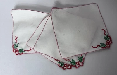 Poinsettia Leaf Embroidered Christmas Set of 4 Napkins Vintage 6 “ Square Small - Image 1 of 4