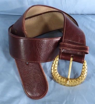 Vintage ANNE KLEIN AK Dark Brown Leather Belt GOLD STAMPED/HAMMERED BUCKLE sz M - Image 1 of 4