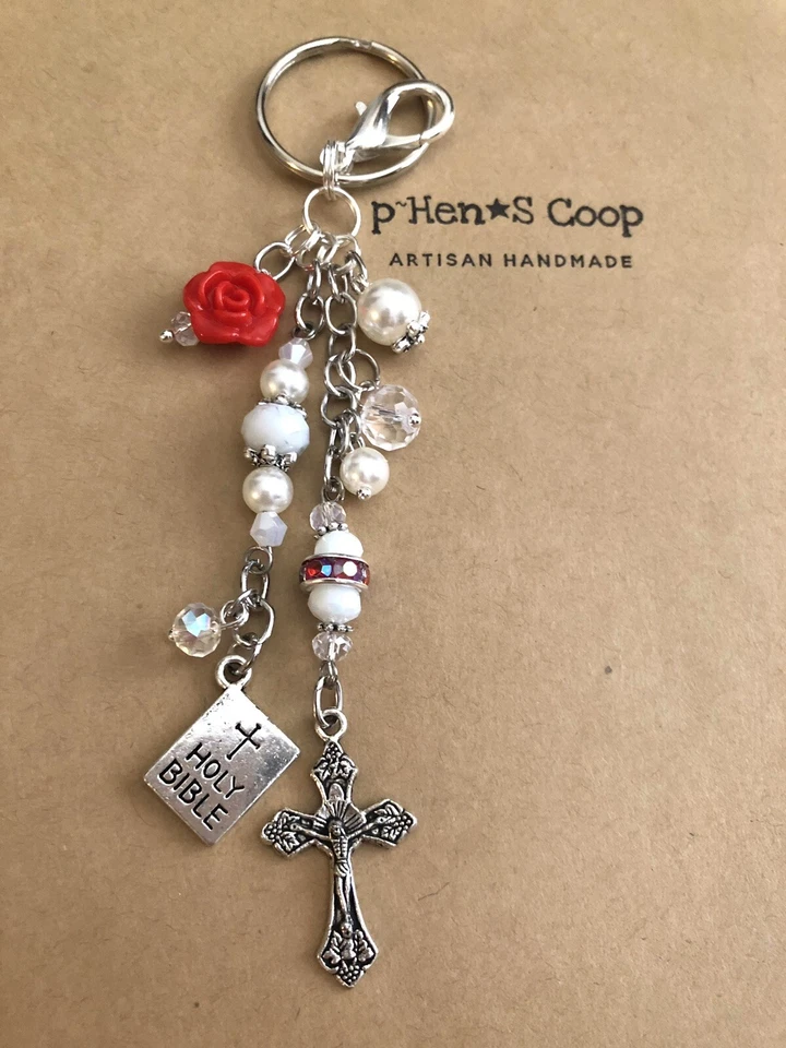 Cristo Crucifijo con Santa Biblia y Rosa Monedero Dije Llavero FOB Hecho a Mano EE. UU. 1982 Foto 1 de 3