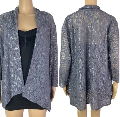Cárdigan Alex Evenings Gris Encaje Transparente y Lentejuelas Frente Abierto Talla 14W Foto 1 de 4