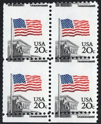 US # 1894 *MINT OG NH* {DIAGONAL MISPERF ERROR BLOCK} EFO 20c FLAG SUPREME COURT - Image 1 of 2