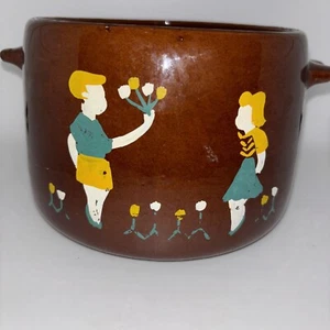 Bean Pot Crock West Bend/ Vintage Brown With Boy & Girl on Front Lid Is Missing - Picture 1 of 7