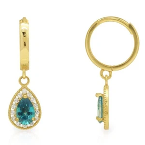 0.80Ct CZ Blue Topaz Huggie Hoop Dangle Earrings 14K Yellow Gold - Picture 1 of 4