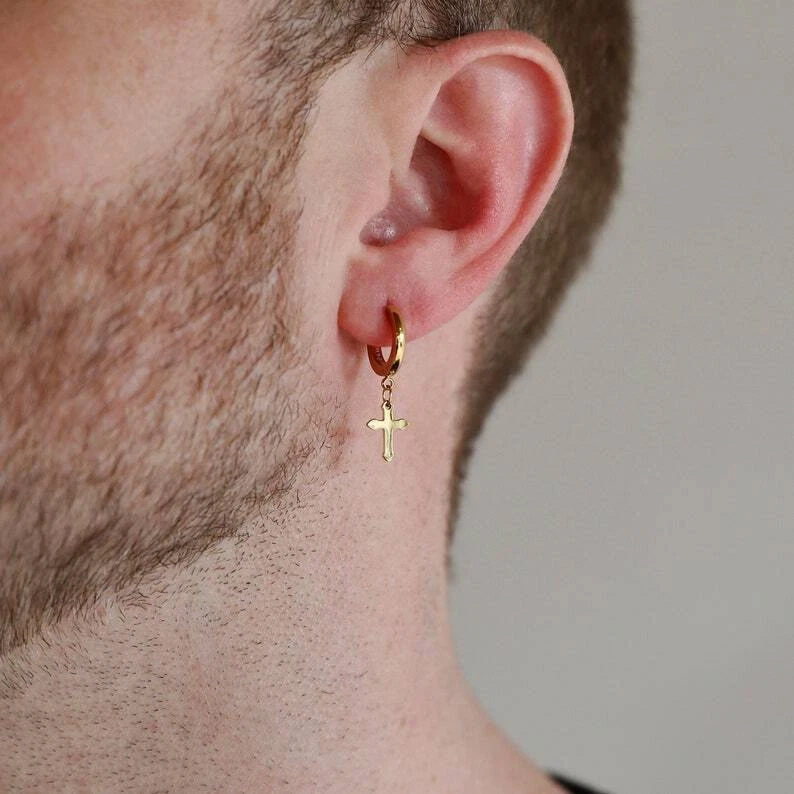 BLACK FRIDAY GIFT Solid Metal Mens Retro Cross Dangle Earring 14k 925 Silver - Image 1 of 4