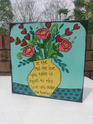 Pintura lírica dos Beatles 10x10" madeira, arte de parede The End Song, flores em vaso - Imagem 1 de 4