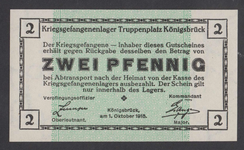 🔴GERMANY  2  Pfennig 1915  UNC   POW -  WWI Concentration Camp  KONIGSBRUCK - Image 1 of 1
