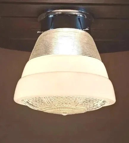 Antique/Vtg 1930s-40s Art Deco Ceiling Light Fixture Retro Atomic Chrome & White Cover