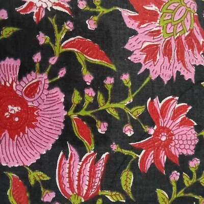 Black & Pink Floral 2.5 Yard Hand Block Printed Fabric Cotton Craft Material us - Image 1 of 4