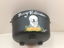Old English sheepdog hand painted Halloween treat container.