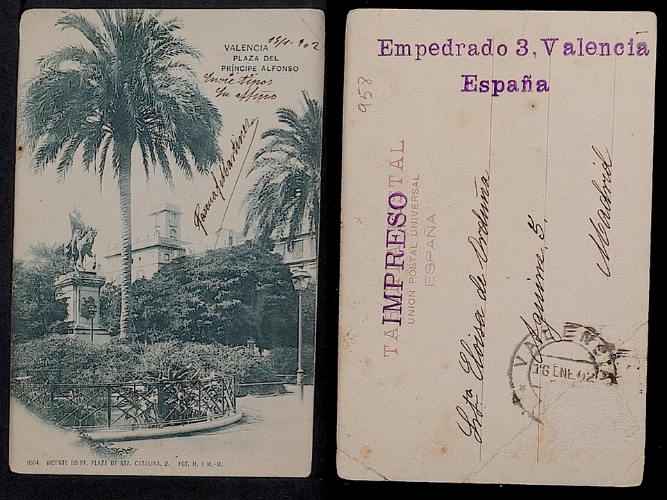 1958.-VALENCIA -1004 Plaza del Pricipe Alfonso 1902 Tarjeta Postal sin División - Imagen 1 de 1