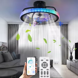 TCFUNDY Flush Mount LED Ceiling Fan with Light  APP Control w/ Bluetooth Speaker - Picture 1 of 16