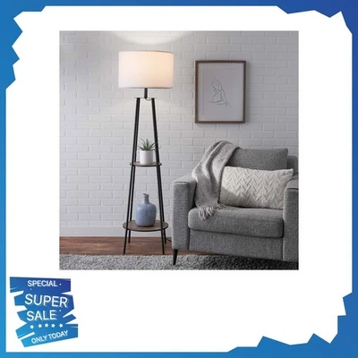 Mainstays Etagere 62" Matte Black Mid-Century Style Floor Lamp, with 2 Wood Shel - Image 1 of 4