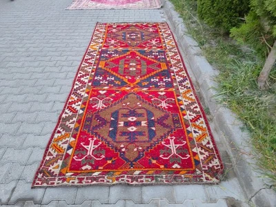 Hand-Knotted Anatolian Runner 4.2x10.5 ft, Tribal Red Double-Medallion - Image 1 of 4