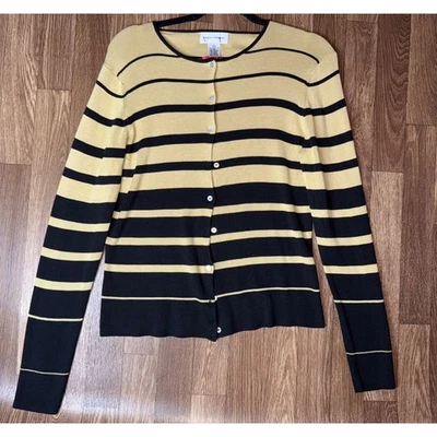 Rena Rowan Silk Blend Striped Cardigan Sweater - Yellow & Black - Image 1 of 4