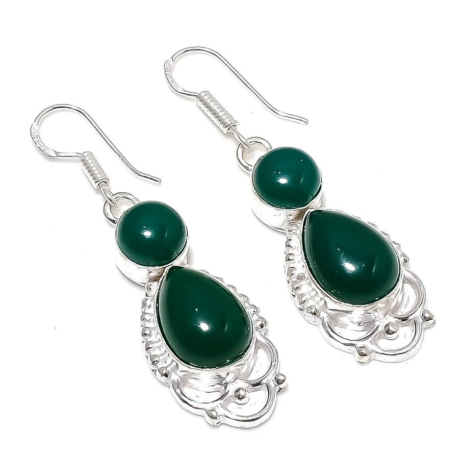 Green Onyx Gemstone Handmade 925 Starling Silver Jewelry Earring Size 2" - Image 1 of 1