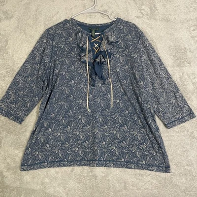 Top LRL Ralph Lauren para mujer 2X azul victoriano floral imitación cuero con cordones volantes Foto 1 de 4