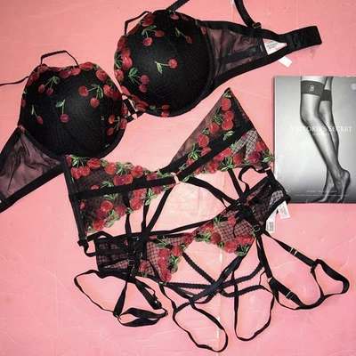Victoria's Secret 34C BRA SET+garter+S,M,L BLACK RED CHERRY EMBROIDERED strappy - Image 1 of 4