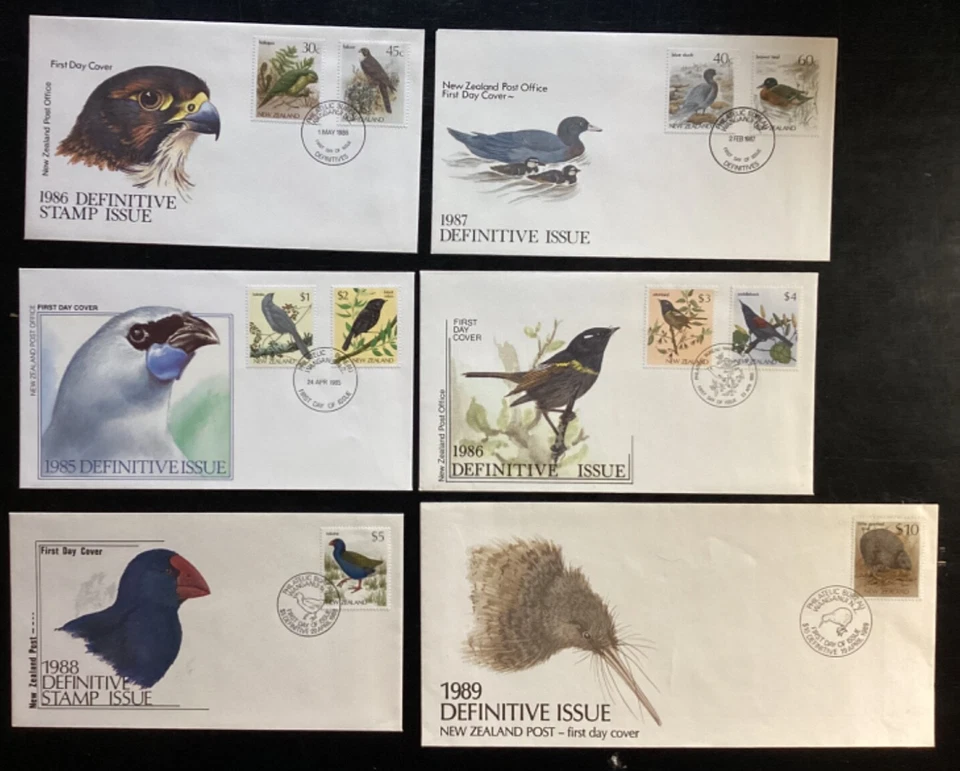 NZ  1985-89 Birds Definitives FDCs to $10 set x 6  (NZF1120#10) - Image 1 of 1