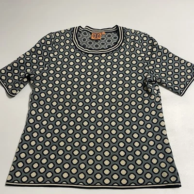 Suéter Tory Burch S Tejido Lunares Algodón Borde a Rayas Retro Mod Top Azul Marino Foto 1 de 4
