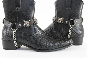 Herren Western Stiefel Armbänder Silber Kette Schwarz Kunstleder Riemen Piraten Totenköpfe - Bild 1 von 23