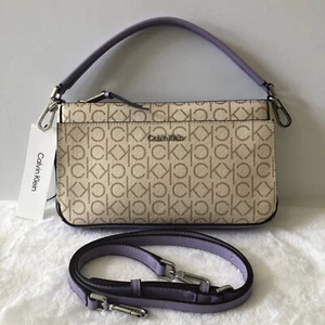 Borsa Calvin Klein tracolla logo firma Lucy beige e lavanda nuova con etichetta - Foto 1 di 9