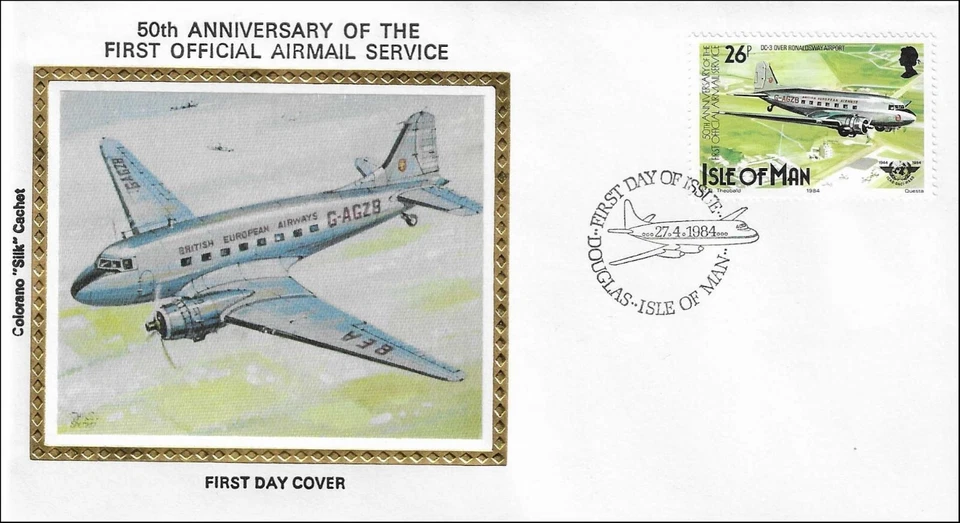Douglas DC-3 Aircraft Plane Airmail Isle Of Man Colorano Silk FDC 1984 - Image 1 of 1