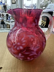 Fenton Victorian Opalescent Cranberry Glass Daisy Fern Ruffled Pitcher 8.75" Ex - Picture 1 of 7