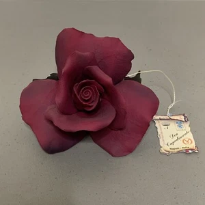 Vintage Porcelain Capodimonte Violet Red Rose On Stem Table Decor - Picture 1 of 7