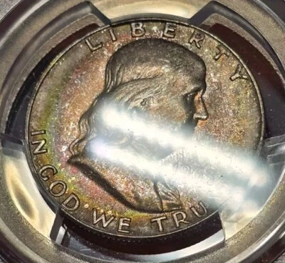 1963 D Franklin Silver Half Dollar PCGS MS64 Rainbow Toned UNC Coin - Image 1 of 4