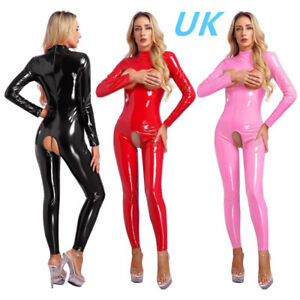 Womens Patent Leather Jumpsuit Bodysuit Long Sleeve Latex Hollow Out Catsuit