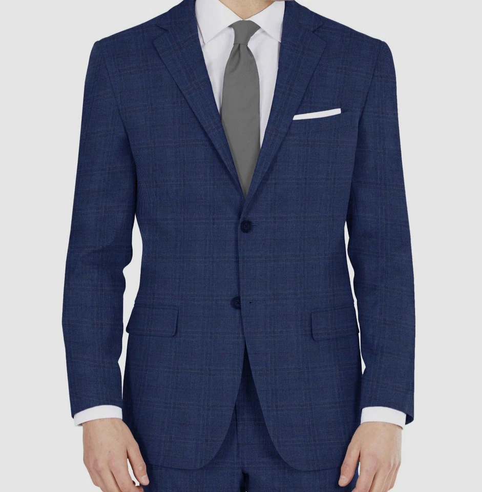 DKNY Men's Blue Plaid Stretch Modern-Fit Jacket Pants 2-Piece Suit Size 38R