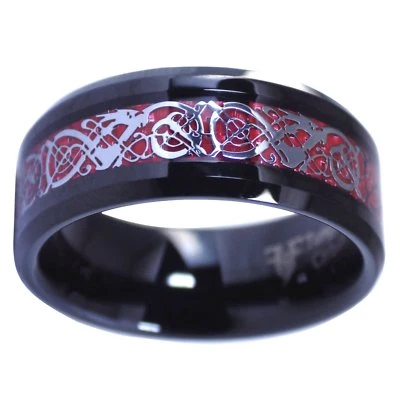 Anillo dragón celta rojo tungsteno negro talla 6-17 para hombre mujer 8 mm fibra de carbono Foto 1 de 4
