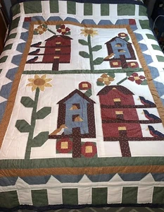 Quilt “A Birds Eye View” 65”x84” & 3 Shams Set Birds On Birdhouse Sunflower Q226 - Picture 1 of 11