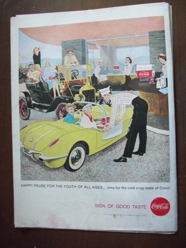 1958 Винтажный Coca Cola газированной воды журнал объявление счастливая пауза желтый спортивный автомобиль - Изображение 1 из 1