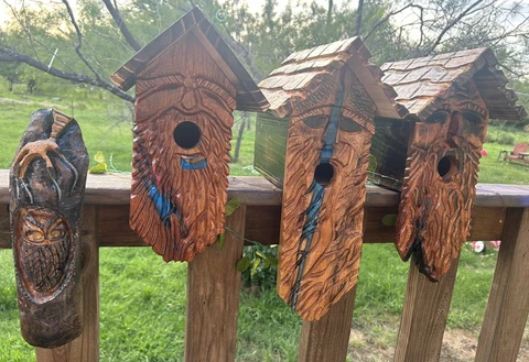 Handmade Carved Wood Old Man Spirit Face Cedar Birdhouse Cover