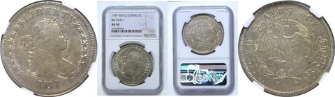 1797 Bust Dollar NGC AU-50 9x7 Stars, Large Letters. BB-73,B-1 Cover