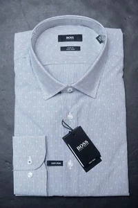 Hugo Boss Men's Jesse Slim Fit Easy Iron Cotton Navy Striped Dress Shirt 43 17 - Picture 1 of 7