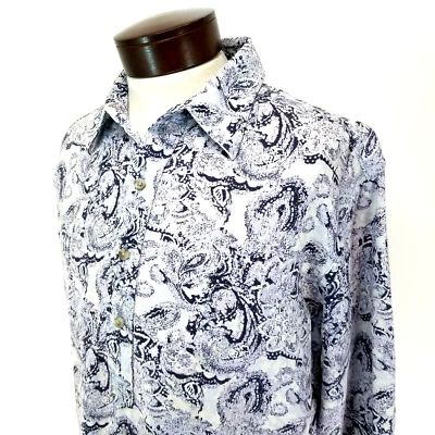 Camiseta masculina descontraída vintage EDDIE BAUER mistura de linho azul paisley L/S G em excelente estado usado * - Imagem 1 de 4