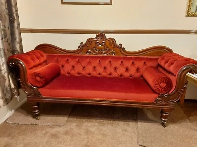Victorian Double Ended Chaise Longue Upholstered in Red Velvet Draylon  - Image 1 of 4