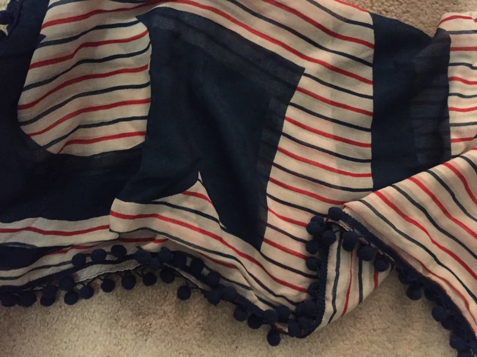 Tory Burch ROJO AZUL Medio Logo Rayas Pom Pom Recortado Bufanda Cuadrada Foto 1 de 1