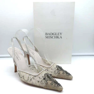 Badgley Mischka Embellished Mesh Slingback Pumps Light Gray Satin Size 38.5 NEW - Picture 1 of 12