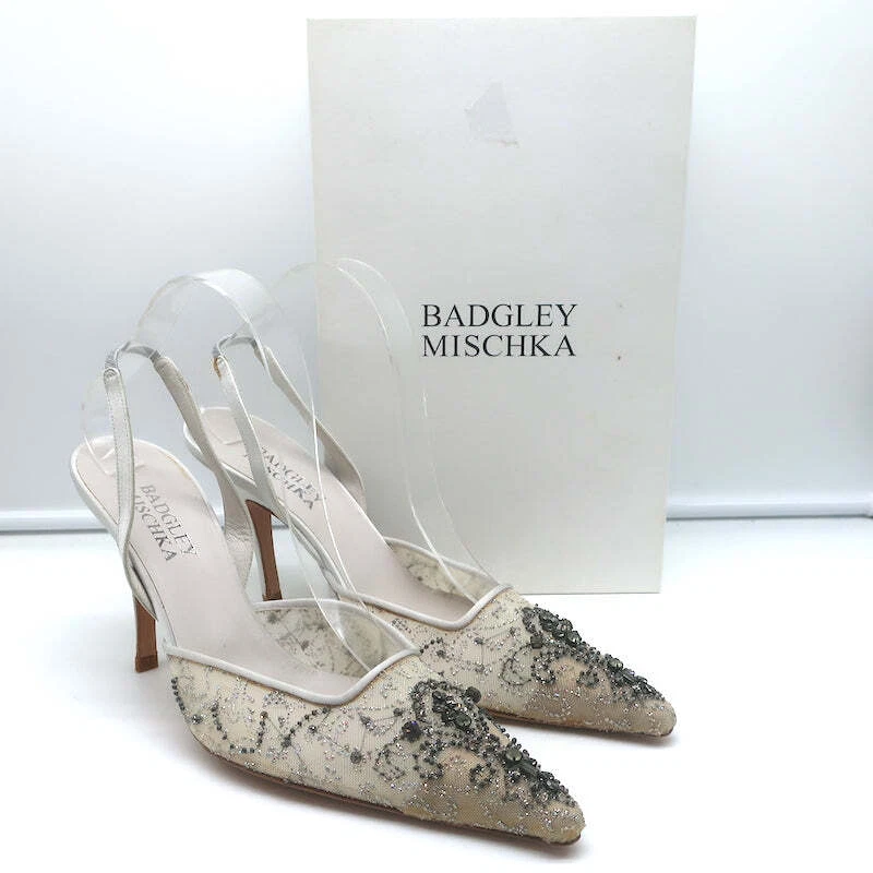 Badgley Mischka Embellished Mesh Slingback Pumps Light Gray Satin Size 38.5 NEW - Image 1 of 4