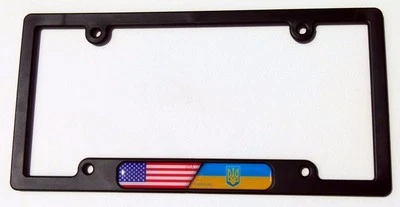 USA / Ukraine flames Flag Black Plastic Car License plate frame domed decal Foto 1 de 2