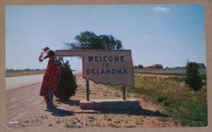 UNUSED 1950'S POSTCARD, WELCOME TO OKLAHOMA MARKER SIGN, NATIVE AMERICAN INDIAN - Picture 1 of 1