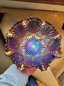 Nice Old Imperial Carnival Glass Purple Shell & Sand Pattern Ruffled Bowl - Picture 1 of 16