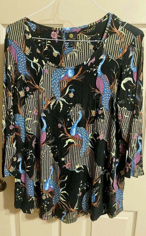 JM Collection Deep Black Flamingo  Stretchy Top 3/4 Sleeve    Plus Size 1X - Image 1 of 4